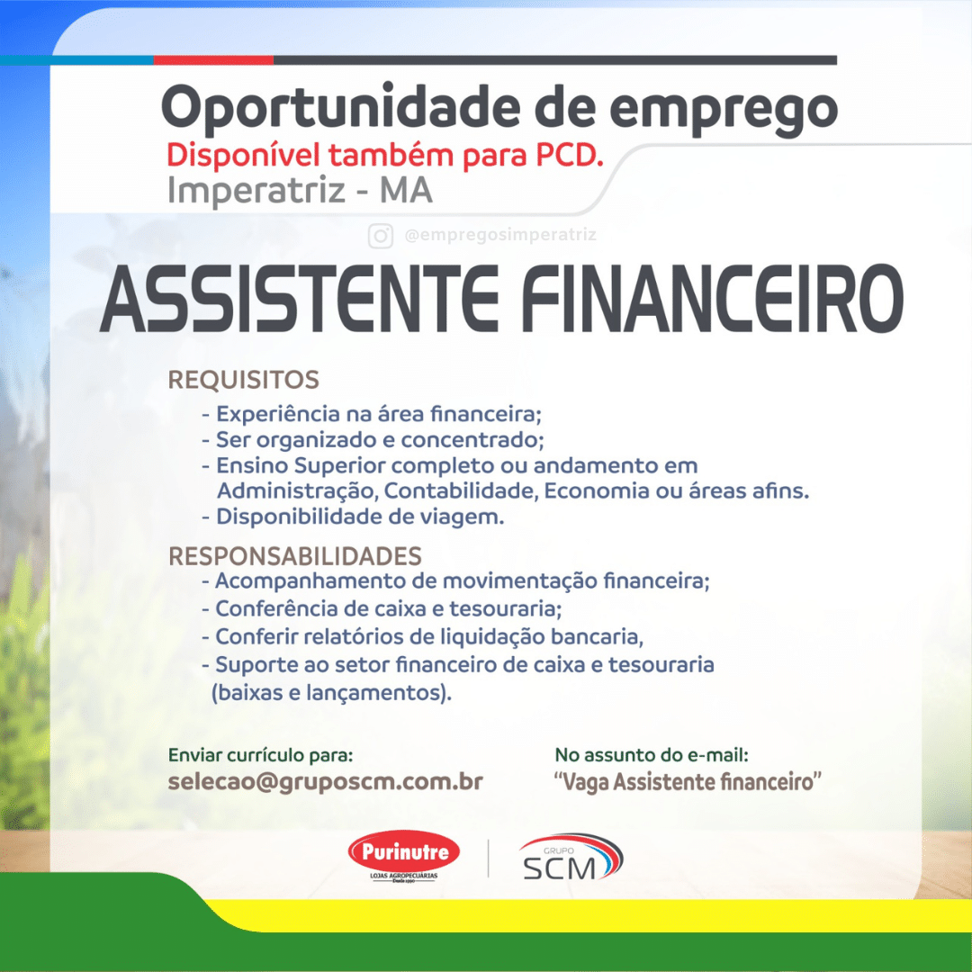 Vaga de Emprego: Assistente Financeiro na Purinutre em Imperatriz